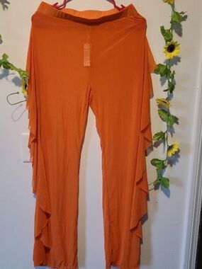 MARINA Orange Ruffle Side Wide-Leg Pants